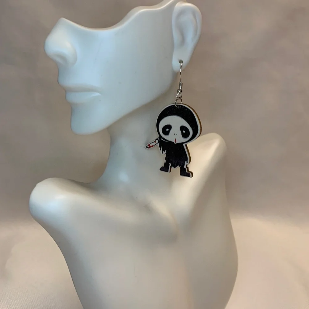 NWT! Cartoon Halloween Killer with Knife Wooden Dangle One-Sided Earrings!